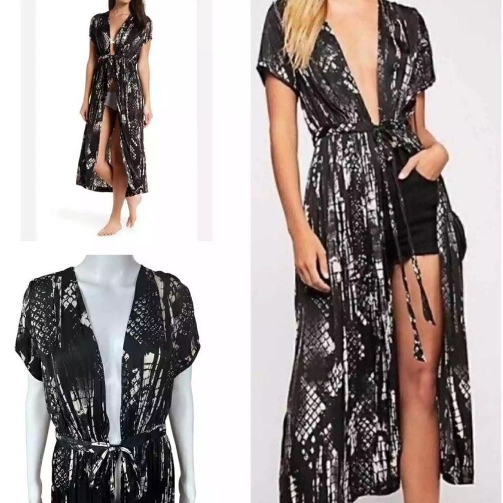 Free People Black & Cream Snake Print Satin Robe Kimono